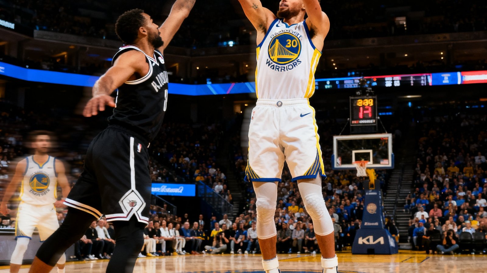 NBA西部决赛精彩回放视频封面，库里在三分线外两步起跳投篮的瞬间，防守球员奋力扑防