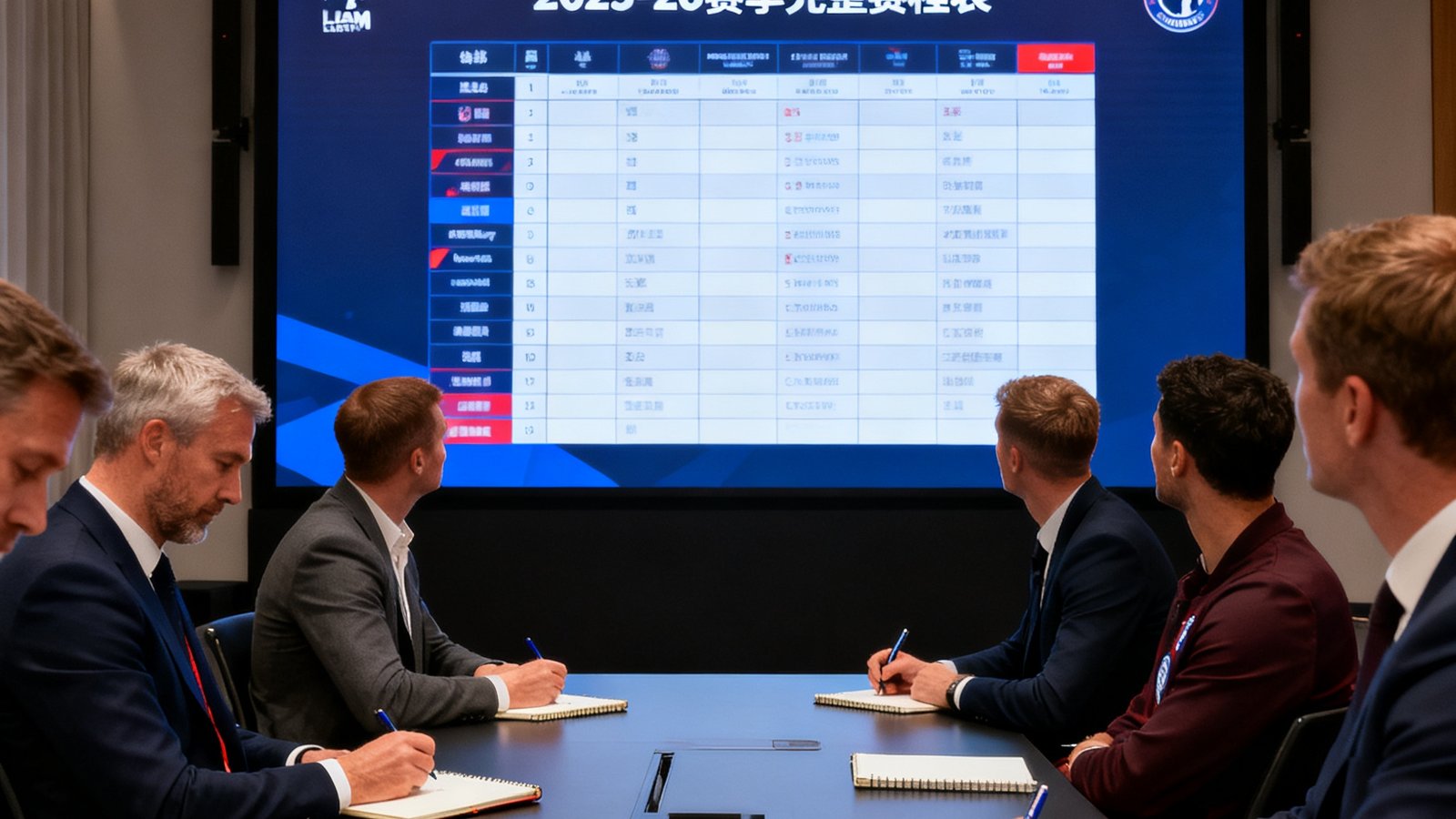 英超联赛官方发布会现场，大屏幕展示2025-26赛季完整赛程表，各队代表坐在台下记录